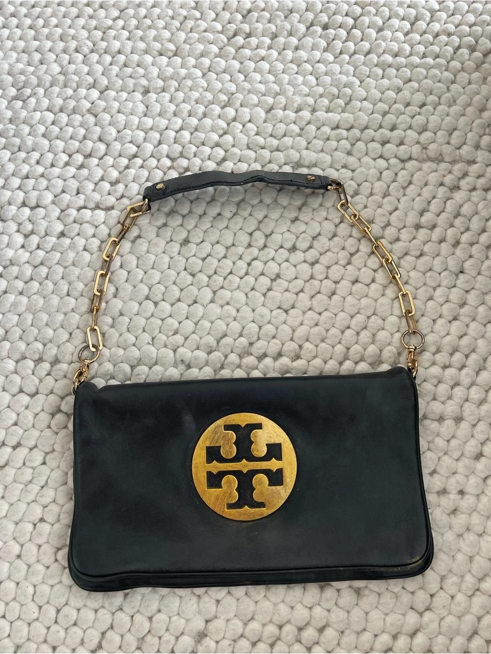 Tory Burch Black Leather Shoulder Bag with Gold Logo Medallion